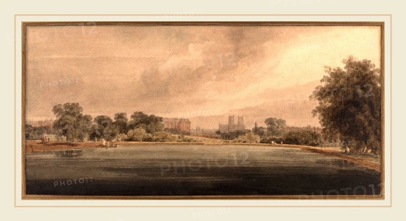 Thomas Girtin, British (1775-1802), St. James' Park with a View of Westminster Abbey, watercolor over graphite on oatmeal paper