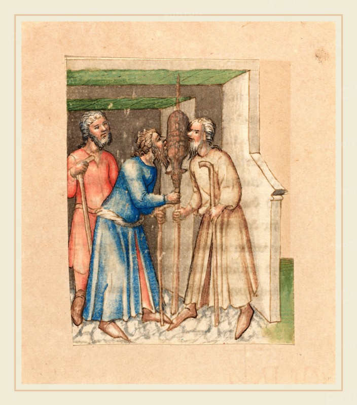 Austrian 15th Century, Eating Sacrificial Lamb, c. 1420-1430, pen and ink with watercolor; fragment from Bible MS (German text on image verso); image cut in silhouette and mounted on backing sheet