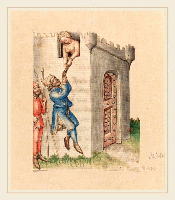 Austrian 15th Century, Woman Suspending Man from Tower, c. 1420-1430, pen and ink with watercolor; fragment from Bible MS (German text on image verso); image cut in silhouette and mounted on backing sheet