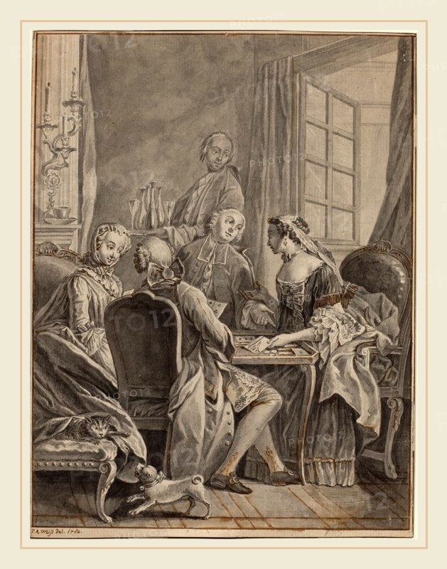 Anton Weiss, Austrian (1724-1784), A Game of Cards [recto], 1764, gray wash with touches of pen and brown ink over graphite on laid paper