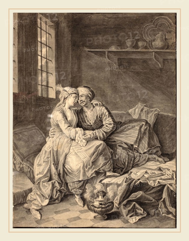 Anton Weiss, Austrian (1724-1784), Oriental Lovers [verso], 1764, gray wash and pen and gray ink over graphite on laid paper