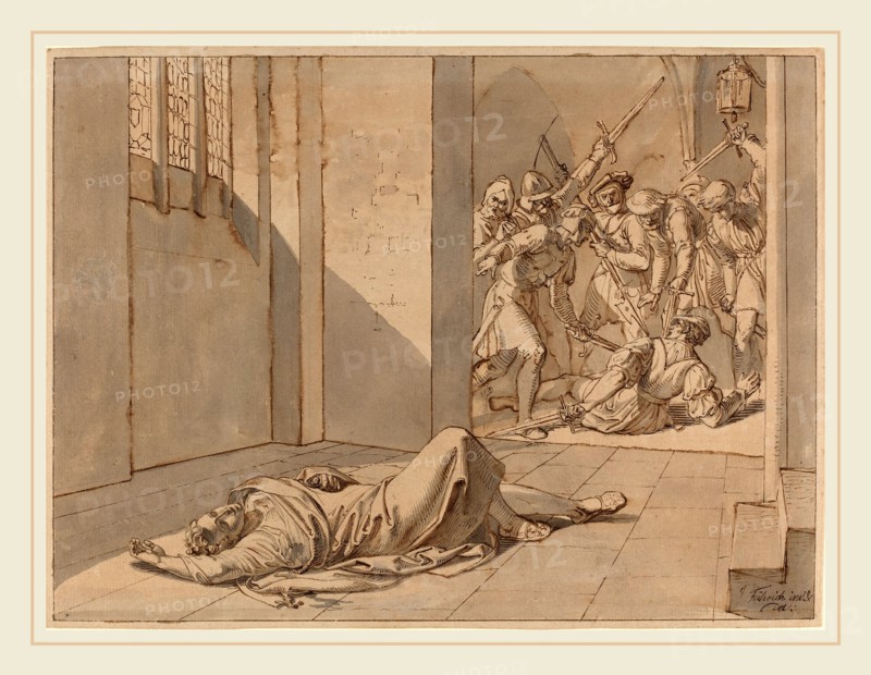 Josef von FÃ¼hrich, Austrian (1800-1876), The Assassination of King Wenzel III, pen and black ink with gray and light brown wash