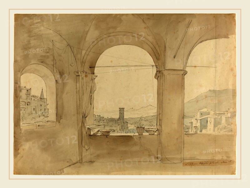 Leo von Klenze, German (1784-1864), Panorama of Tivoli from a Loggia, 1826, graphite with brown and blue washes on light green wove paper