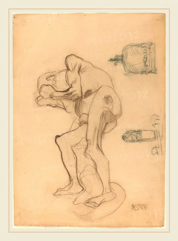 Gustav Klimt, Study of a Nude Old Woman Clenching Her Fists, and Two Decorative Objects, Austrian, 1862-1918, c. 1901, black and blue crayon on wove paper