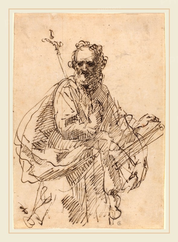 Francisco Herrera II (Spanish, 1622-1685), A Standing Saint with a Crucifix and a Book, 1660s, pen and iron gall ink on laid paper