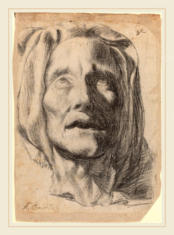 Antonio del Castillo (Spanish, probably 1613-1668), Head of an Elderly Woman with Upturned Eyes, black chalk on laid paper