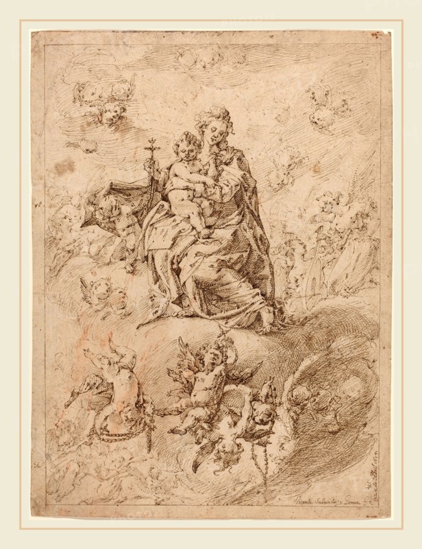 Vicente Salvador GÃ³mez (Spanish, 1637-c. 1680), The Madonna of the Rosary, 1674, pen and brown ink on laid paper