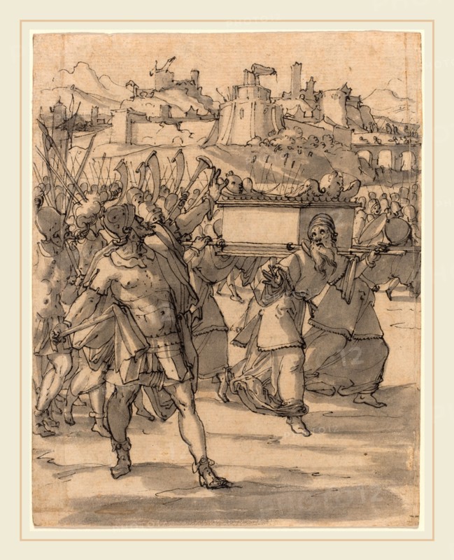 Christoph Murer, Swiss (1558-1614), Joshua and the Israelites before the Walls of Jericho, c. 1600, pen and black ink and gray wash on laid paper
