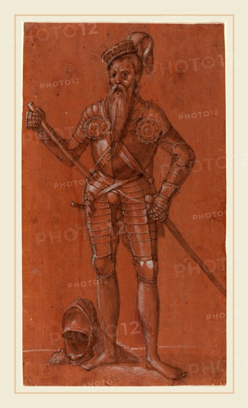 Swiss 16th Century, A Man in Armor, black chalk, pen and black ink, and gray wash heightened with white on red-orange prepared laid paper