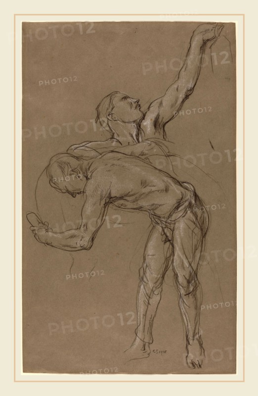 Charles Hazelwood Shannon, Two Male Figures: Study for "The Good Samaritan", British, 1863-1937, 1918, black and white chalk on gray laid paper