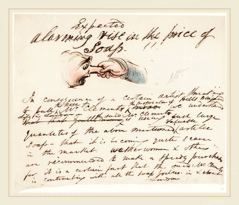 George Cruikshank, British (1792-1878), "Expected--alarming rise in the price of soap!", pen and brown ink with pink, blue, brown, and green wash