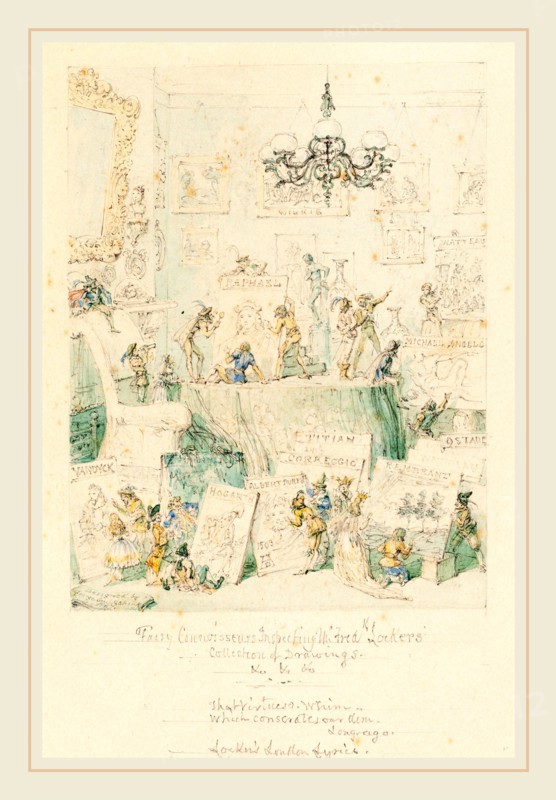 George Cruikshank, British (1792-1878), Fairy Connoisseurs Inspecting Mr. Frederick Locker's Collection of Drawings, 1867, watercolor and graphite on wove paper