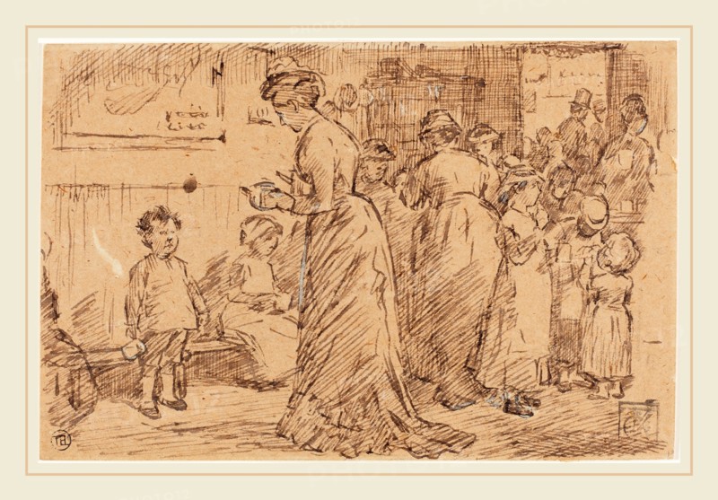 Charles Samuel Keene, British (1823-1891), A Station Buffet, pen and brown ink over graphite touched with white gouache on brown wove paper