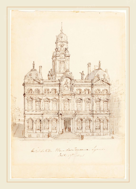 Robert Smirke, British (1752-1845), HÃ´tel de Ville, Place des Terreaux, Lyons, 1845, pen and brown ink with gray wash over graphite on wove paper
