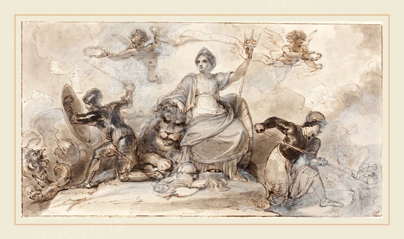 Robert Smirke, British (1752-1845), Patriotic Fund, pen and brown ink with gray wash heightened with white on laid paper