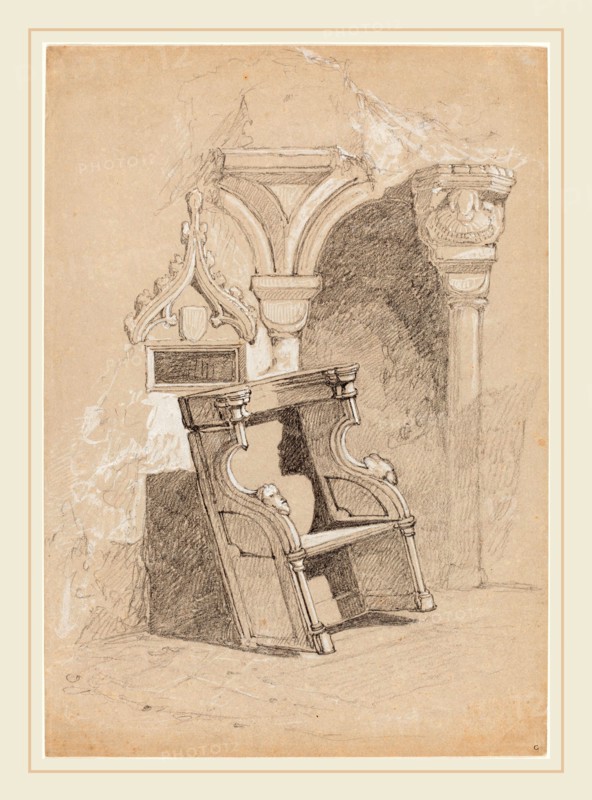 John Sell Cotman, British (1782-1842), Sketch of Ruined Church Interior with Chair, graphite heightened with white on gray paper
