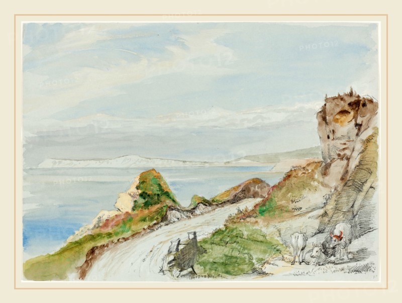 Sir George Hayter, British (1792-1871), Freshwater Bay, Isle of Wight, 1839, watercolor, gouache, and graphite with red and white chalks on blue wove paper