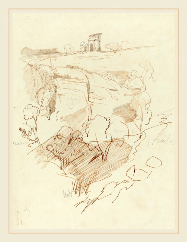 Edward Lear, British (1812-1888), Ruined Temple on a Hill, 1864, pen and brown ink over graphite on blue wove paper
