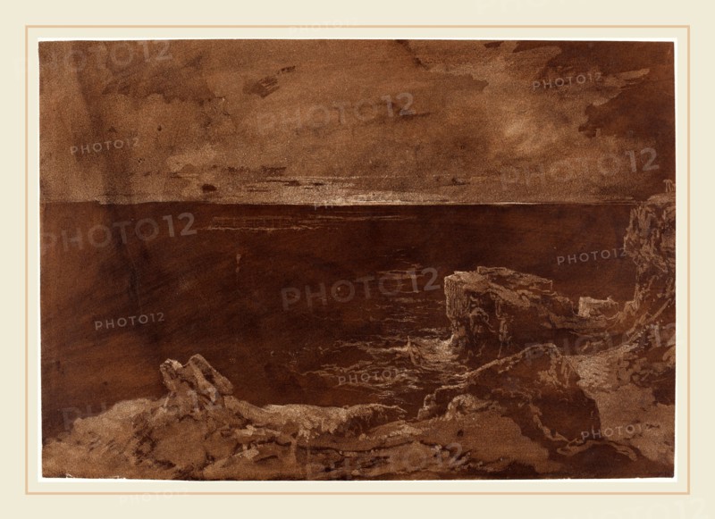 William West or Samuel Jackson, British (1801-1861), A Rocky Coast by Moonlight, late 1820s, brown wash with blotting and surface scraping on wove paper