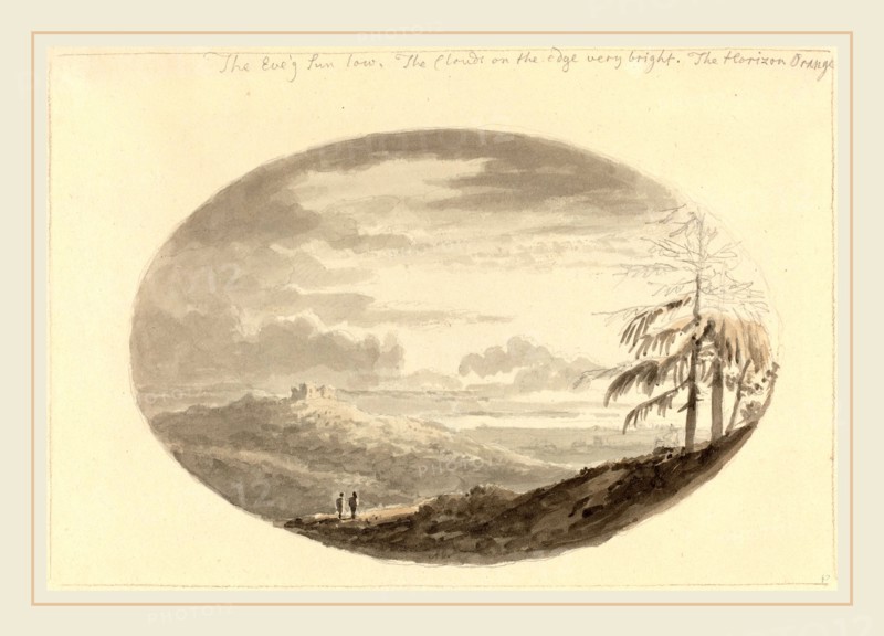 Anthony Devis, British (1729-1817), Sunset over the Valley, gray and brown washes over graphite on wove paper