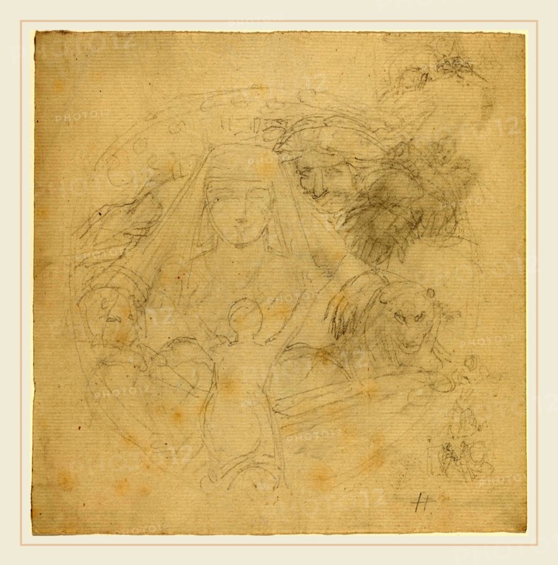 John Flaxman, British (1755-1826), Figure Seen from behind Praying to an Apparition of a Head with Lions Below, graphite on laid paper
