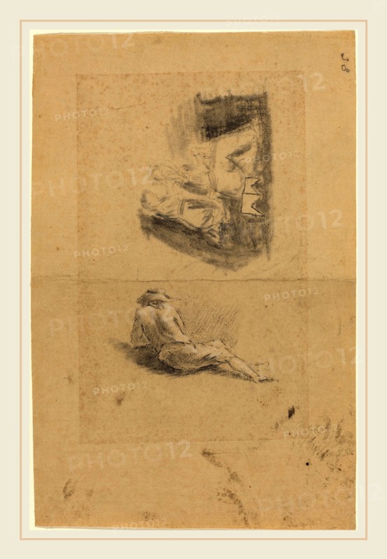 John Flaxman, British (1755-1826), Reclining Man; Two Women, black chalk? heightened with white chalk; charcoal and graphite