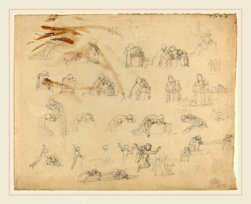 John Flaxman, British (1755-1826), Sheet of Studies, graphite--brown wash uL corner unrelated to composition