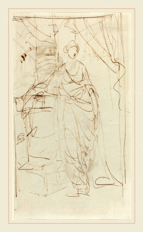 George Romney, British (1734-1802), An Elegant Lady in Classical Dress [recto], 1780s, pen and brown ink on laid paper