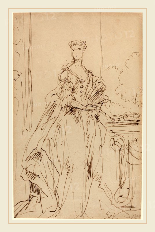 John Vanderbank, British (probably 1694-1739), Portrait of a Standing Lady, 1734, pen and brown ink on laid paper