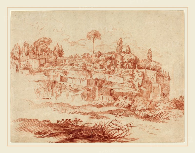 Attributed to Jacques-FranÃ§ois Amand (1730-1769), Gardens of the Villa Mattei, c. 1760, red chalk on laid paper