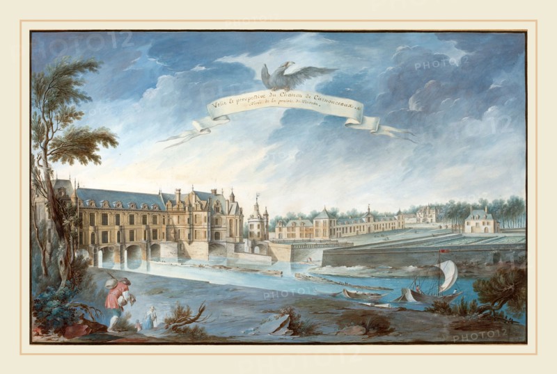 Attributed to Nicolas Marie Ozanne, French (1728-1811), VeÃ¼e Et perspective du Chateau de Chenonceaux, gouache on laid paper