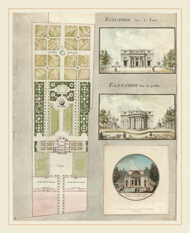 Jean Testard and Charles-Philippe Campion de Tersan, French (born c. 1740), Project for the House and Gardens of Mlle. Guimard, c. 1768-1770, pen and black ink with gray wash and watercolor over graphite on laid paper, with a color etching by Le Campion attached to the sheet at lower right