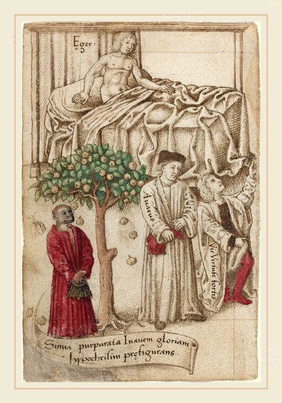 French early 16th century, An Ape in Purple with a Sick Man, a Good Man, and a Miser [fol. 36 verso], c. 1512-1515, pen and brown ink with watercolor on laid paper