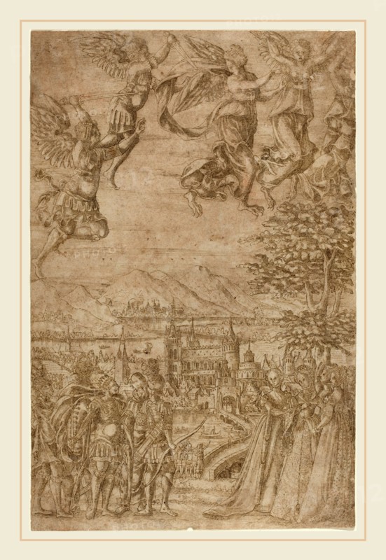 French 17th Century, A King and His Retinue Confronting Ladies under a Celestial Battle, c. 1600, pen and brown ink