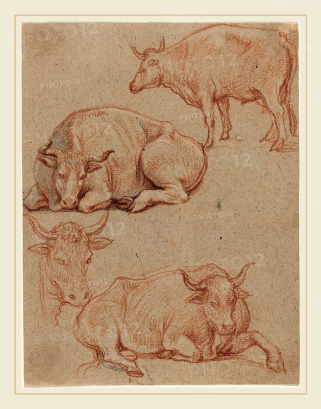 Claude Lorrain, French (1604-1605-1682), Four Cows, red and black chalks with gray wash on laid paper