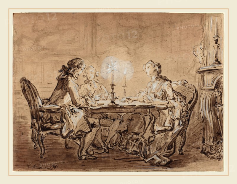 Louis Durameau, French (1733-1796), A Game of Cards, 1767, pen and brown ink with brown wash and white heightening over graphite on laid paper