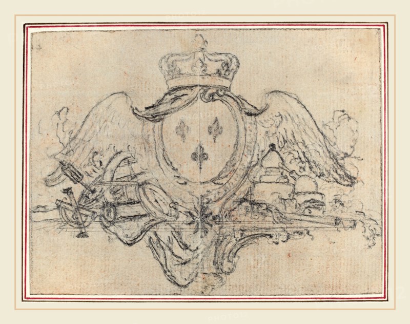 Hubert FranÃ§ois Gravelot, French (1699-1773), Arms of the King of France with Wings and Scientific Instruments, graphite, incised for transfer on laid paper; laid down