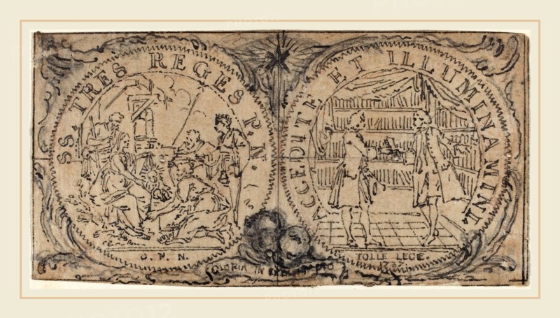 Hubert FranÃ§ois Gravelot, French (1699-1773), Ornamental Medallions with the Adoration of the Magi and Two Bibliophiles, pen and brown-black ink with graphite on tracing paper; laid down