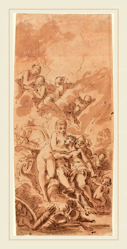 French 18th Century, Venus at the Forge of Vulcan, 18th century, pen and brown ink with brown wash and touches of white gouache