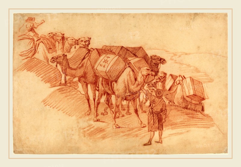 French 18th Century, Camel Caravan, red chalk on laid paper