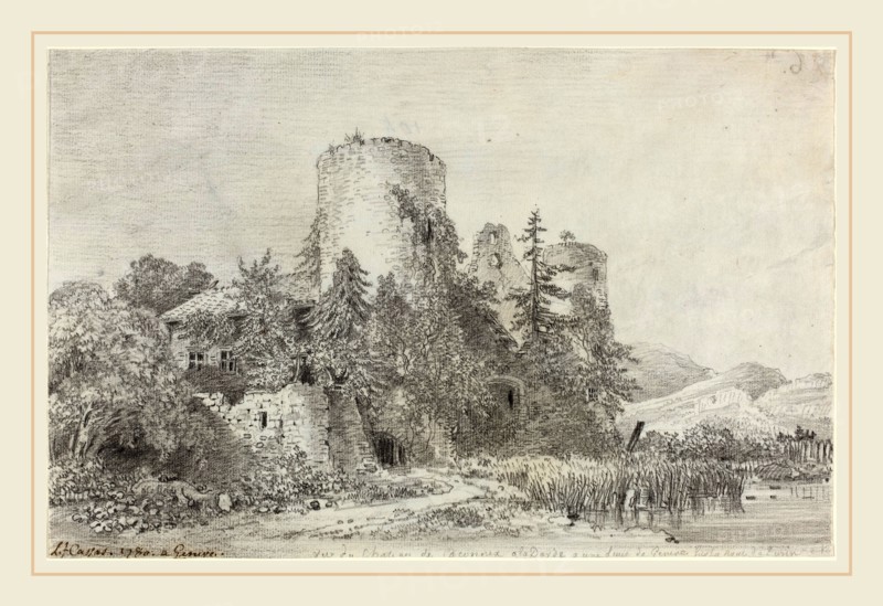 Louis-FranÃ§ois Cassas, French (1756-1827), Vue du Chateau de Saconnex, 1780, black chalk on laid paper, mounted on album sheet