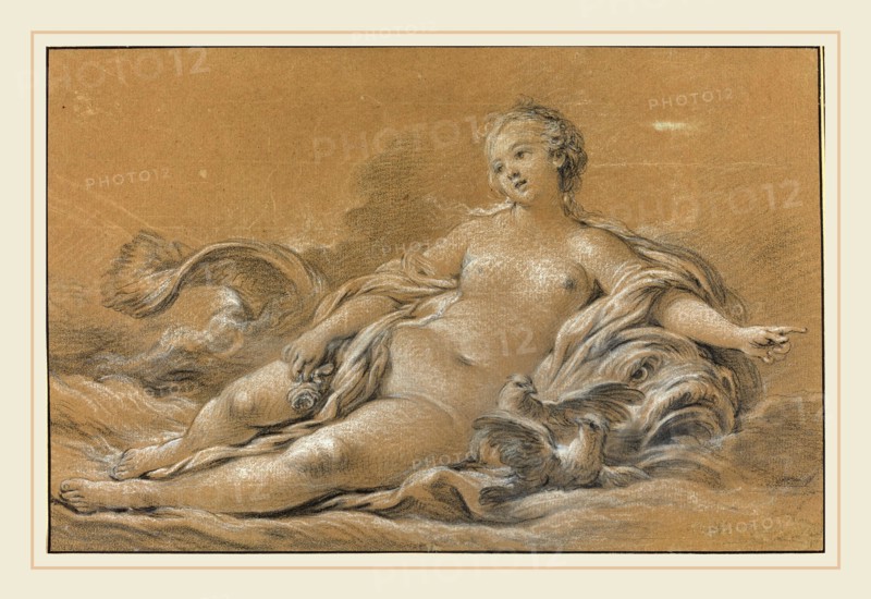 FranÃ§ois Boucher, French (1703-1770), Venus Reclining on a Dolphin, c. 1745, black chalk heightened with white on brown laid paper
