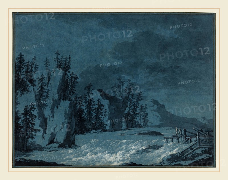 Claude-Louis ChÃ¢telet, French (1749-1750-1795), River Rapids by Wooded Cliffs, c. 1780, gray wash with white gouache over traces of black chalk on blue laid paper