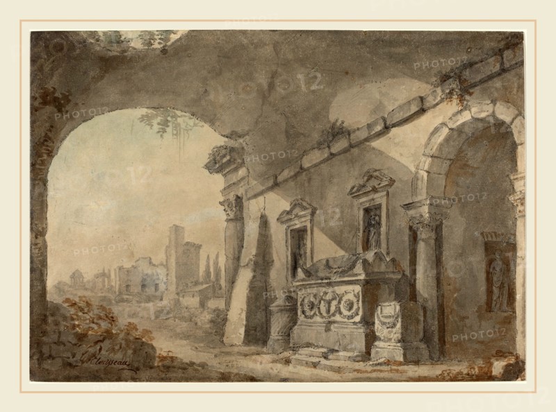 Charles Louis Clérisseau, French (1722-1820), Roman Ruins with a Sepulchre, pen and gray ink with watercolor on laid paper
