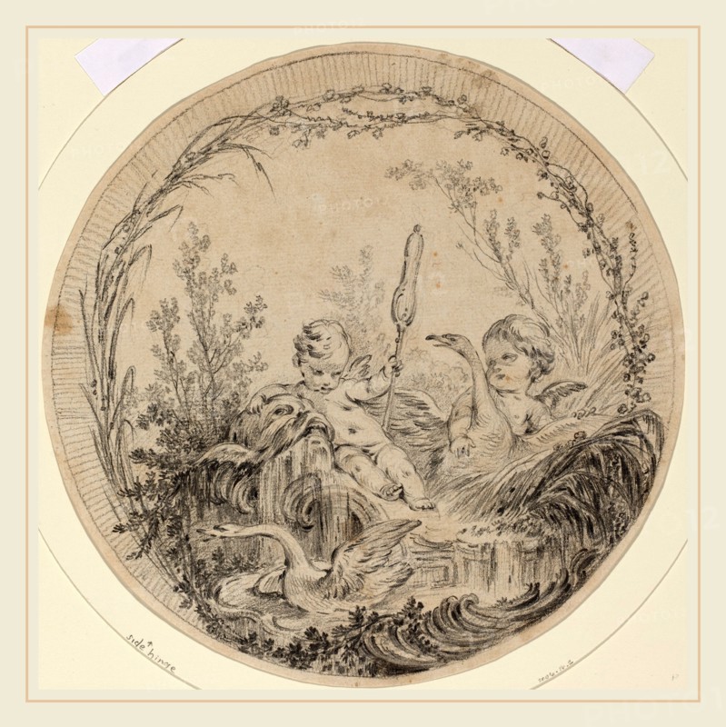 Attributed to Charles Eisen, French (1720-1778), Two Putti Playing with Swans, black chalk on laid paper