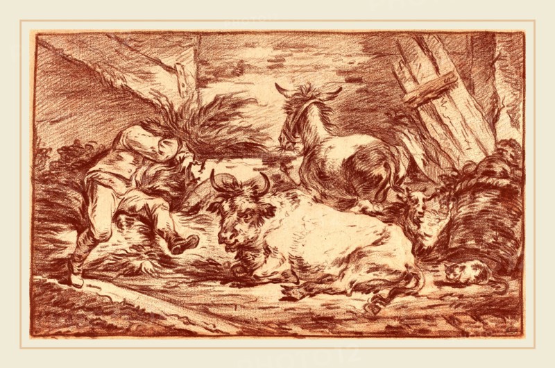 Philippe Jacques de Loutherbourg II, French (1740-1812), Animals in a Stable, red chalk on laid paper