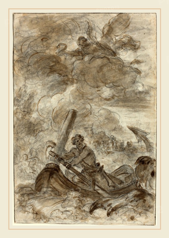 Jean-Honoré Fragonard, French (1732-1806), Orlando Kills the Orc with an Anchor, black chalk with brown wash on laid paper
