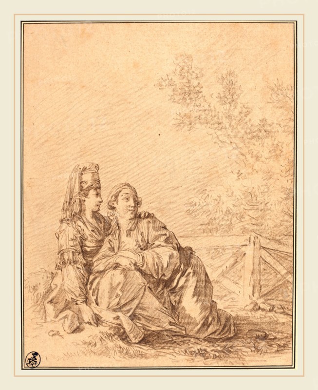 Jean-Baptiste Le Prince, French (1734-1781), Two Russians Seated in Landscape, brown chalk on beige laid paper
