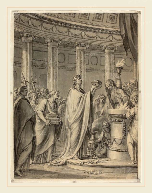 Clément-Pierre Marillier, French (1740-1808), An Ancient Sacrifice, c. 1800, pen and black ink with gray wash, heightened with white, on laid paper