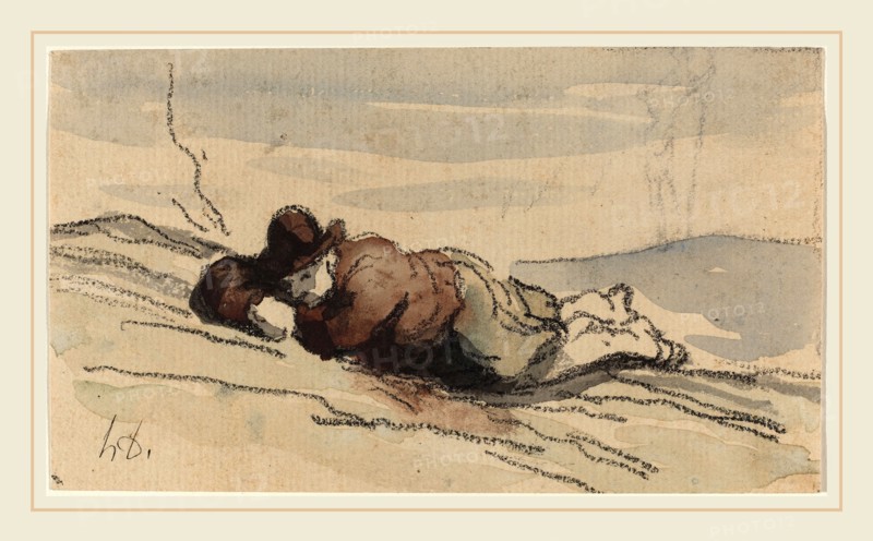 Honoré Daumier, French (1808-1879), Rest in the Country (Sancho Panza), crayon and brown, blue, and green watercolor on laid paper